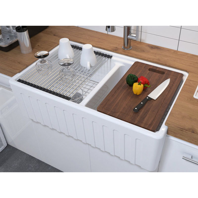 33"L x 20"W Farmhouse Workstation Kitchen Sink, Ceramic 50/50 Double Bowl
