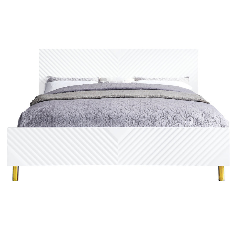 White Metal Ek Bed With High Gloss - No Box Spring Requirement, Fully Kd Structure, Wave Design, 39 Slats, 4 Legs, 660Lbs Max Weight Capacity Pattern Finish Required, Kd, Load-Bearing Limit