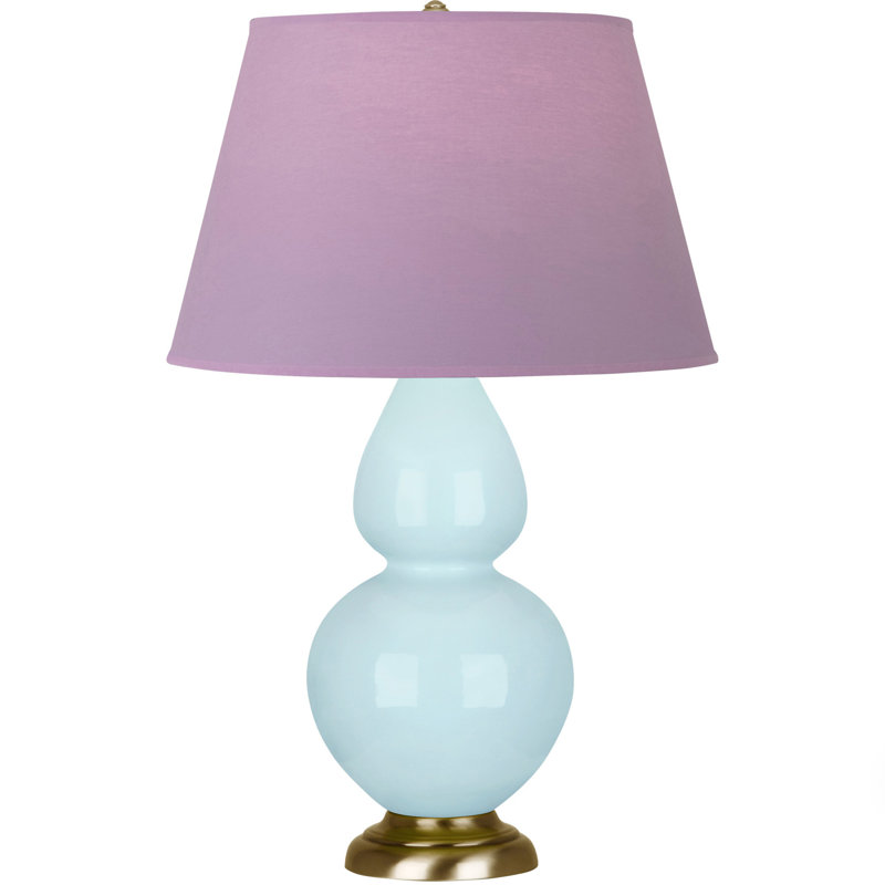 Lampe de table double gourde en céramique, Thé vert / taupe, Bleu bébé verni / laiton, Laiton