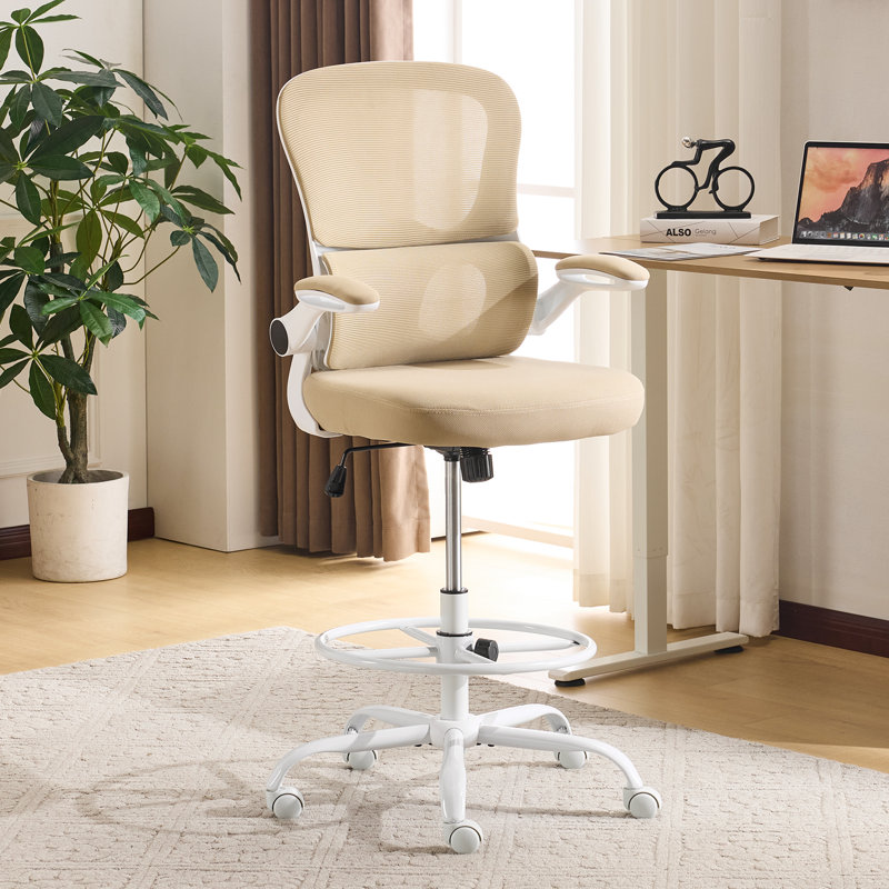 Inbox Zero Ergonomic Mesh Drafting Chair with Adjustable Footrest, Khaki, White