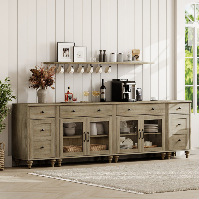 Buffet de cuisine avec 4 tiroirs et portes vitrées, style milieu du siècle avec station de recharge, gris délavé, Gris délavé