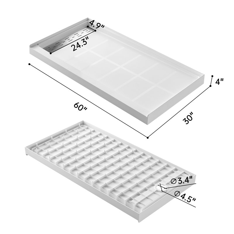 60" X 30" White Shower Base, Non-Slip Design, Left
