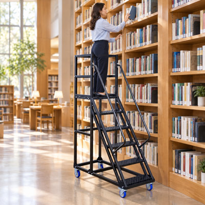 6-Step Rolling Warehouse Ladder with Safety Handrails, Heavy-Duty Steel Mobile Stairs with Lockable Wheels, Anti-Slip Step Ladder for Warehouse, Library, Supermarket