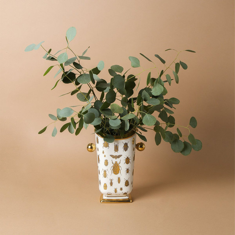White and Gold Porcelain Vase with Botanical Design