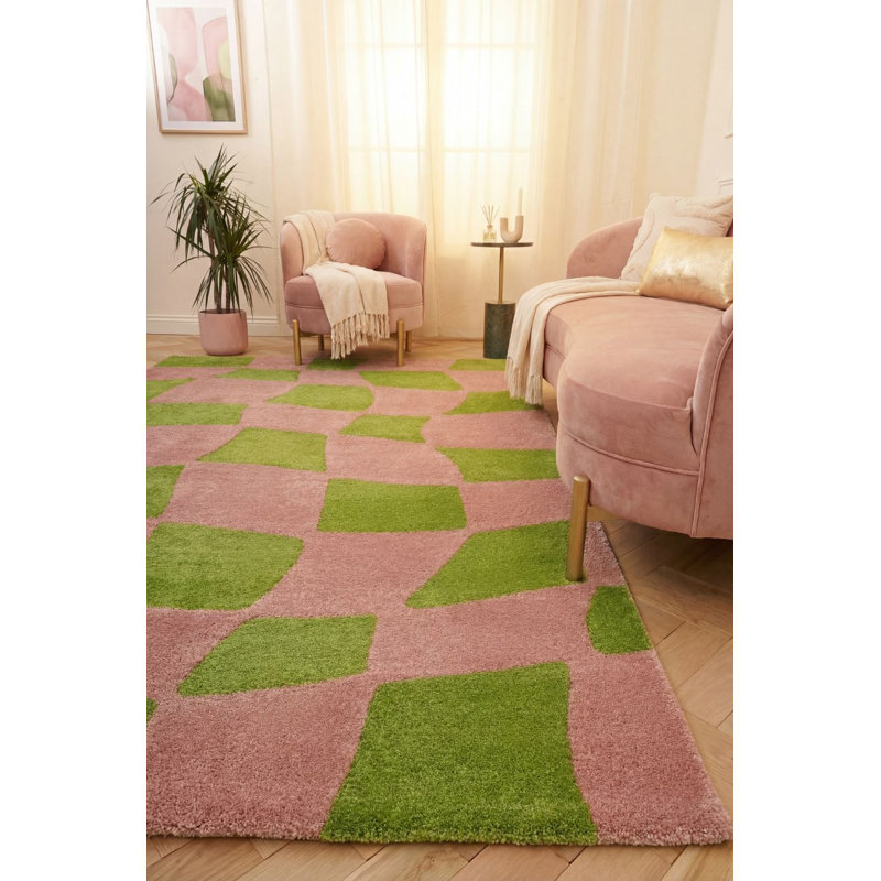 Joli Chequered Area Rug Soft Dense Pile for Living Rooms and Bedrooms, Rectangle 80 x 150 cm, Green/Pink