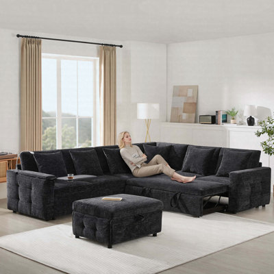 Canapé-lit modulaire coulissant 117 * 90 po avec panneau de table rabattable, lampe de lecture, ports de charge et repose-pieds avec rangement
