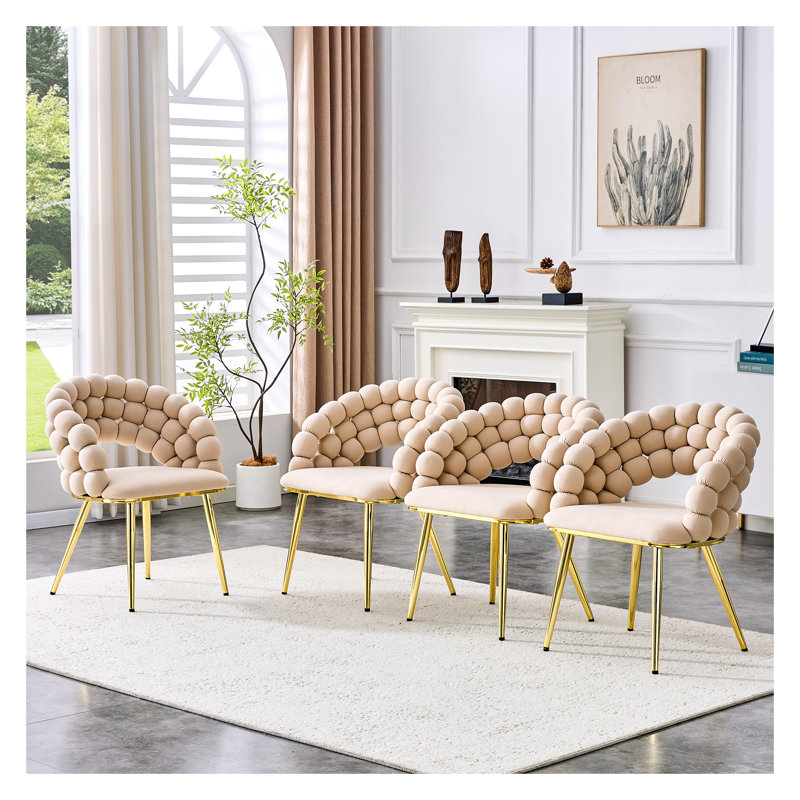 Ensemble de 2 chaises de salle à manger modernes en velours beige avec pieds plaqués or, chaîne décorative à bulles gonflables pour le décor de la cuisine et de la salle à manger