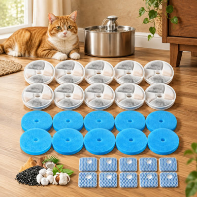 Trousse de remplacement de 30 pièces à triple filtration pour fontaines à eau carrées compatibles en acier inoxydable de 2,2 L/73 oz, contenant 10 filtres, 10 éponges et 10 éponges 8D.
