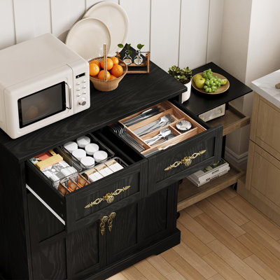 Buffet 33,5 "avec rangement, armoire de rangement de style brun | 2 tiroirs, armoire à café moderne, poignées dorées