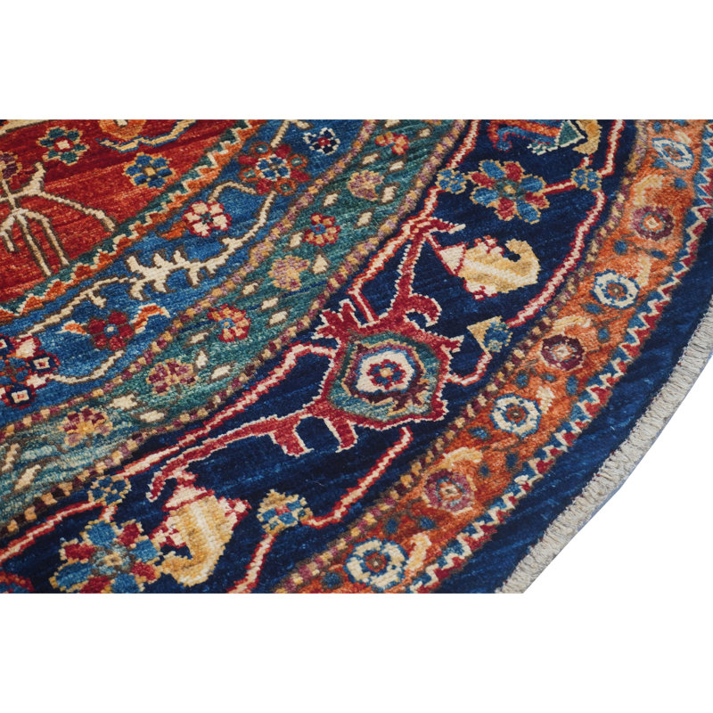 Hand Knotted Wool Oriental Area Rug in Red/Blue/Black