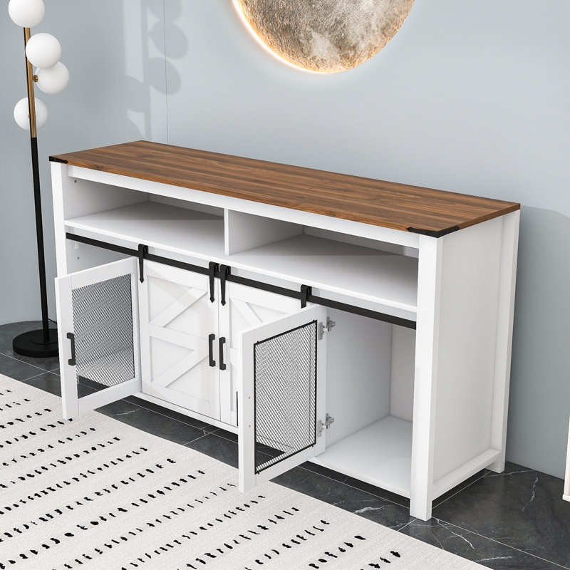 Buffet rustique Farmhouse avec portes de grange coulissantes, rangement ouvert et plateau de table spacieux, Brun / blanc