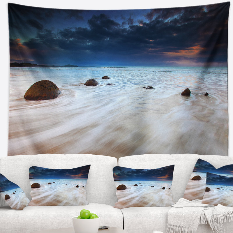 Tapisserie Seashore Waves qui coule sur des rochers, H 32 po x l 39 po