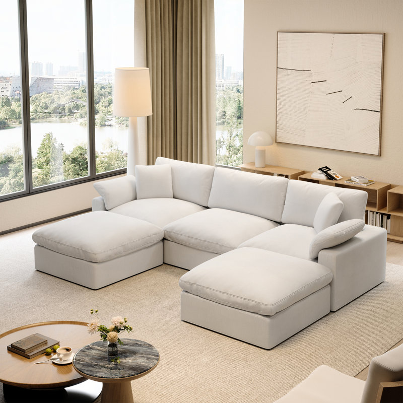 Canapé modulaire rembourré 110,8 po 5 places Cloud, modulaire en U avec 2 repose-pieds amovible, Blanc