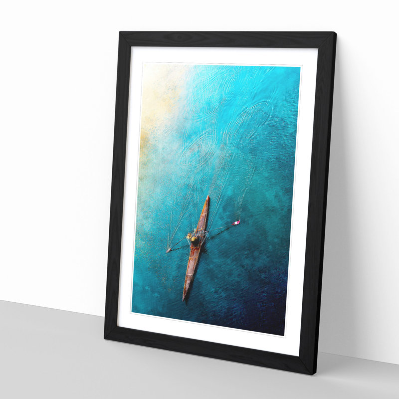 Single Scull Rowing Boat Painting - Picture Frame Graphic Art, 87cm H x 62cm W x 2cm D, Black Framed