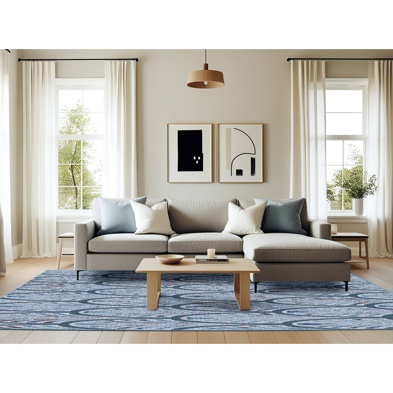 Tapis bleu à motif géométrique, Rectangle 6 pi x 9 pi