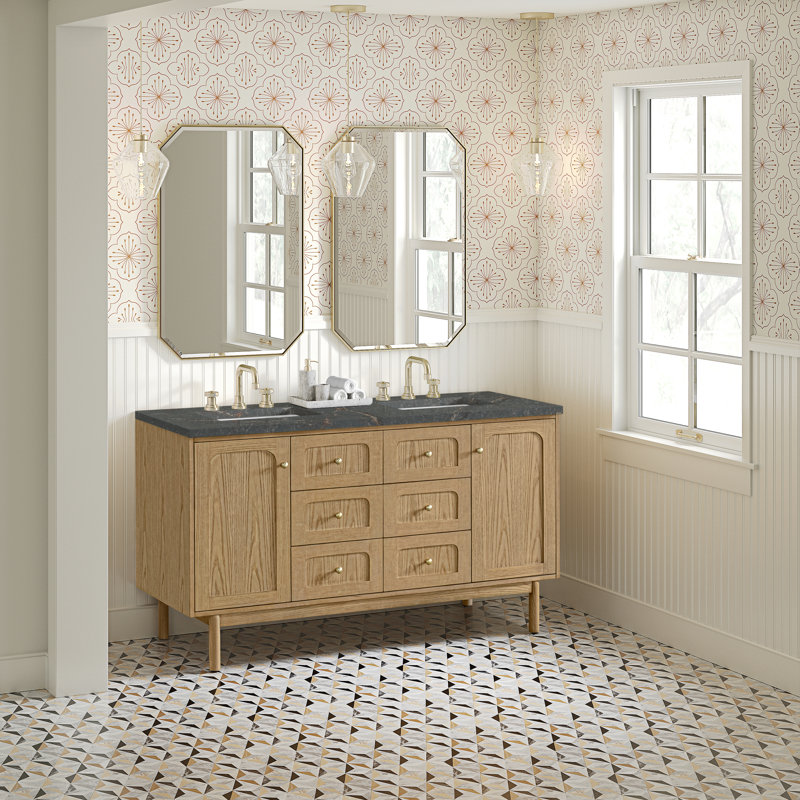 Laurent 60" Double Vanity, Light Natural Oak W/FreePower Wireless Charger, Parisien Bleu, Light Natural Oak
