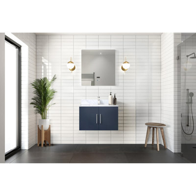 30 In. Led Mirror With Navy Blue W X 22 D Bath Vanity, Marble Countertop, Faucet - Stain And Scratch Protected Quality Top & To Wear Tear Build