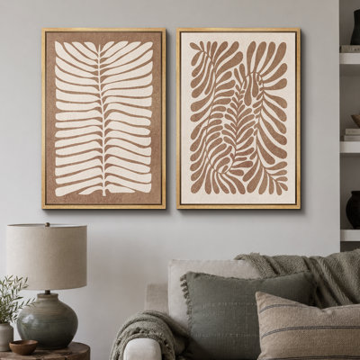 Abstrait botanique ", feuilles brunes délavées, œuvres d'art murales rétro bohème classique, impression sur toile encadrée giclée 2 pièces" 16 x 24 x 2 pièces, 24 x 36 x 2 pièces