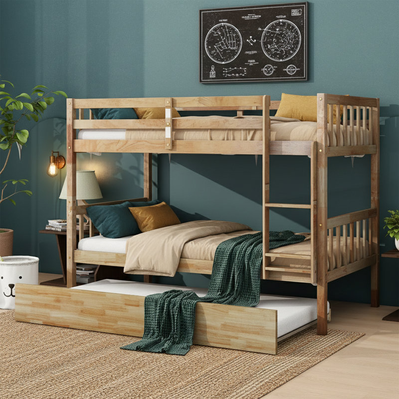 77" Solid Rubber Wood Bunk Bed with Trundle - Twin over Twin Convertible into 2 Separate Beds, White Oak