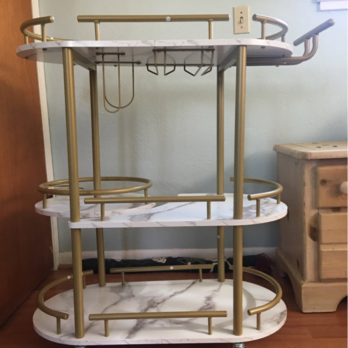 Gold Bar Cart With 3 Tiers, Wine Rack, And Glass Holder - Mobile Serving Cart For Kitchen, Living Room