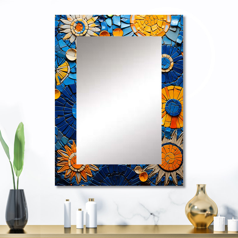 Yellow and blue Mosaic Tiles 2 - Boho Mosaic Decorative Wall Mirror, Boho Mirror, Printed Metal Art, 32" x 24"