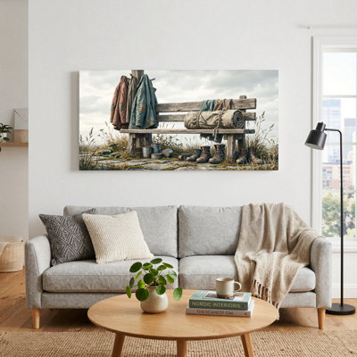 Ensemble de 1 tableau sur toile représentant un banc rustique