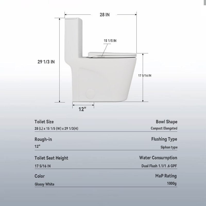 One Piece Chair Height Toilet With Armrests, Dual Flush 1.1/1.6 Gpf, Siphonic Flush, S-Trap 12 Inch, Soft Close Seat, Glossy White