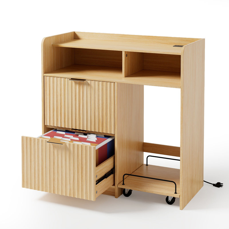 2 Drawer Wooden File Cabinet With Mobile Side Cart Wood Grain Finish Fluted Design P2 MDF & Particleboard