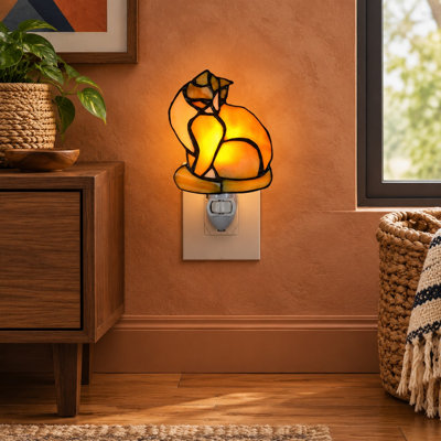 This cute cat mini wall night lamp combines stained-glass styling with a compact 5.2 Inch by 4.4 Inch size for bedroom use.