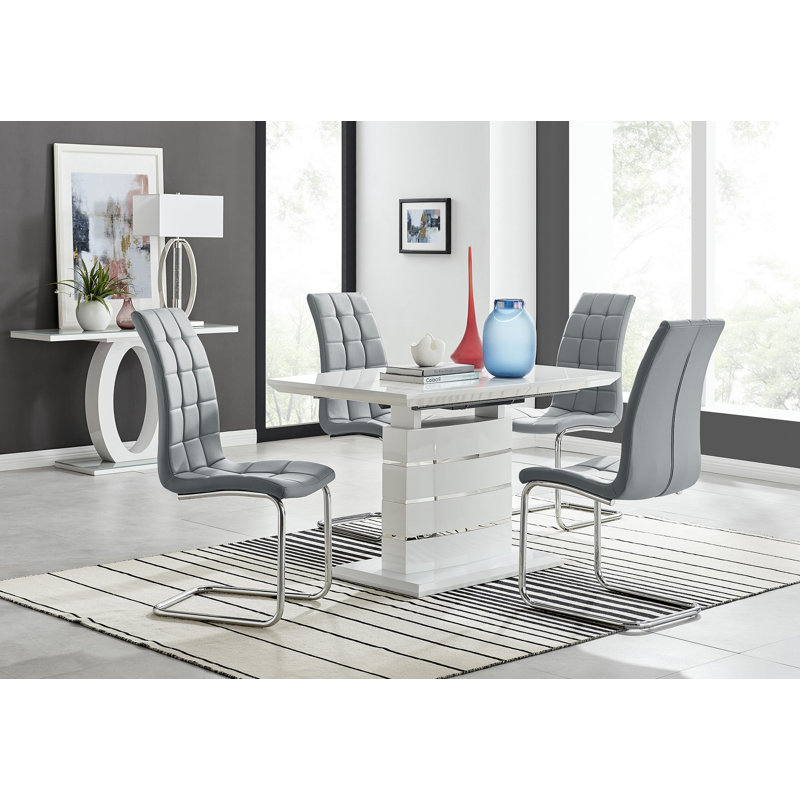 Renne Modern High Gloss Extendable Dining Table Set With 4 Modern Faux Leather Dining Chairs, Grey/Silver