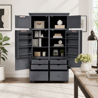 Freestanding Kitchen Pantry, Tall Storage Cabinet with 8 Door Shelves, 4 Pull-out Trays, 6 Drawers