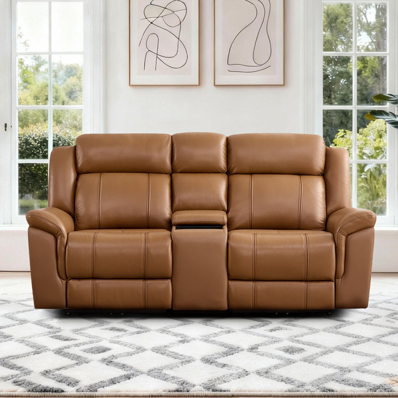 2-Seat Dual Motor zero clearence recliner Genuine Leather Power Recliner Sofa With Power Headrest And Console, Saddle