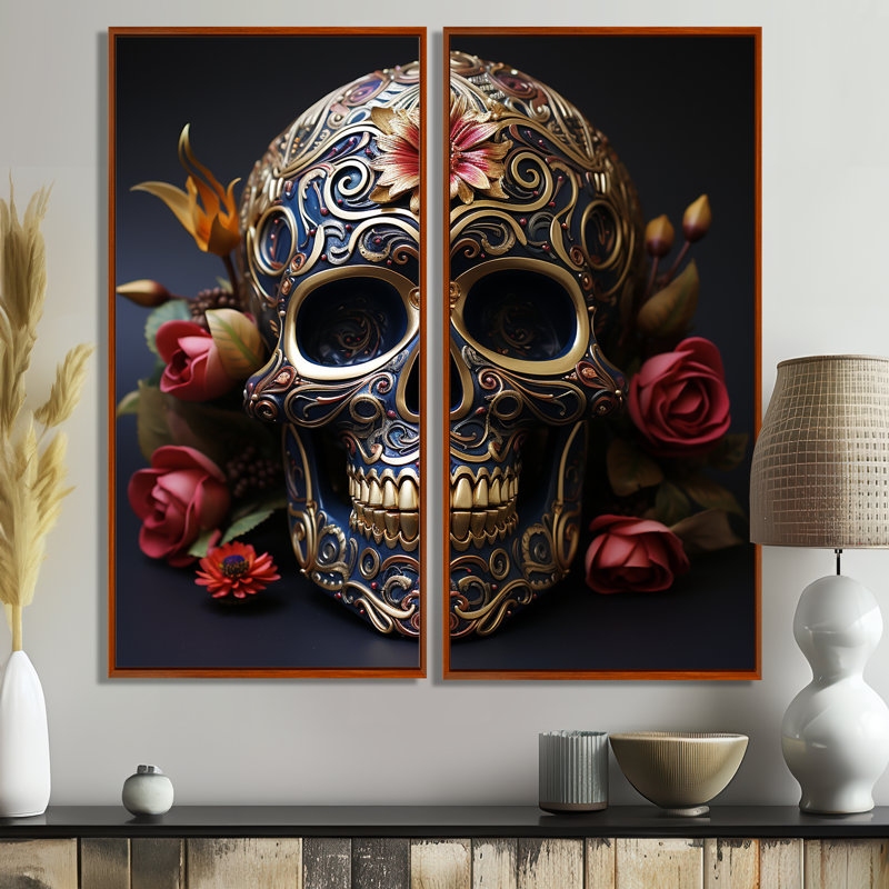 Crâne mexicain floral doré II - impressions modernes sur toile 2 pièces, 40" H x 40" W, Impression encadrée flottante, Brown