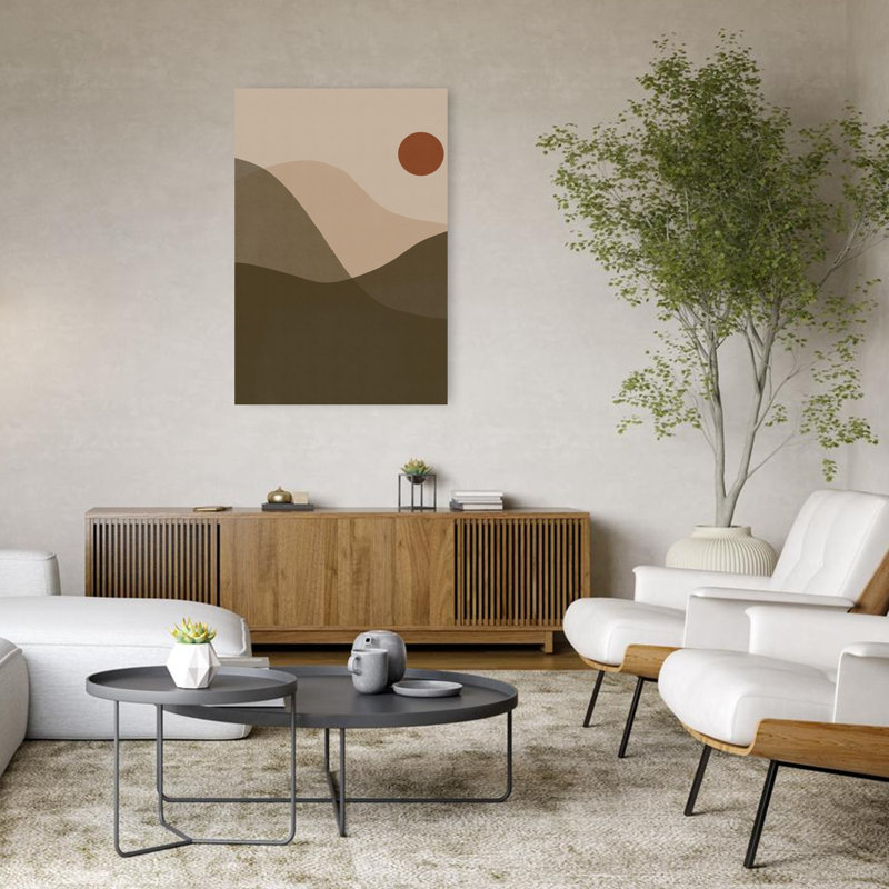 Affiche murale minimaliste moderne représentant un paysage désertique abstrait avec soleil et nature, H 48 po x l 32 po