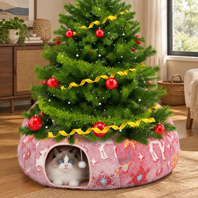 Ce lit tunnel de 91 cm x 91 cm x 25 cm est orné d'un motif de jupe de sapin de Noël rouge et d'élans, et comprend une grotte circulaire moelleuse en forme de beignet, un tapis et des jouets de jeu en forme de balle pour les chatons, chiots, furets et lapins pendant les fêtes ; 10 évaluations mondiales.