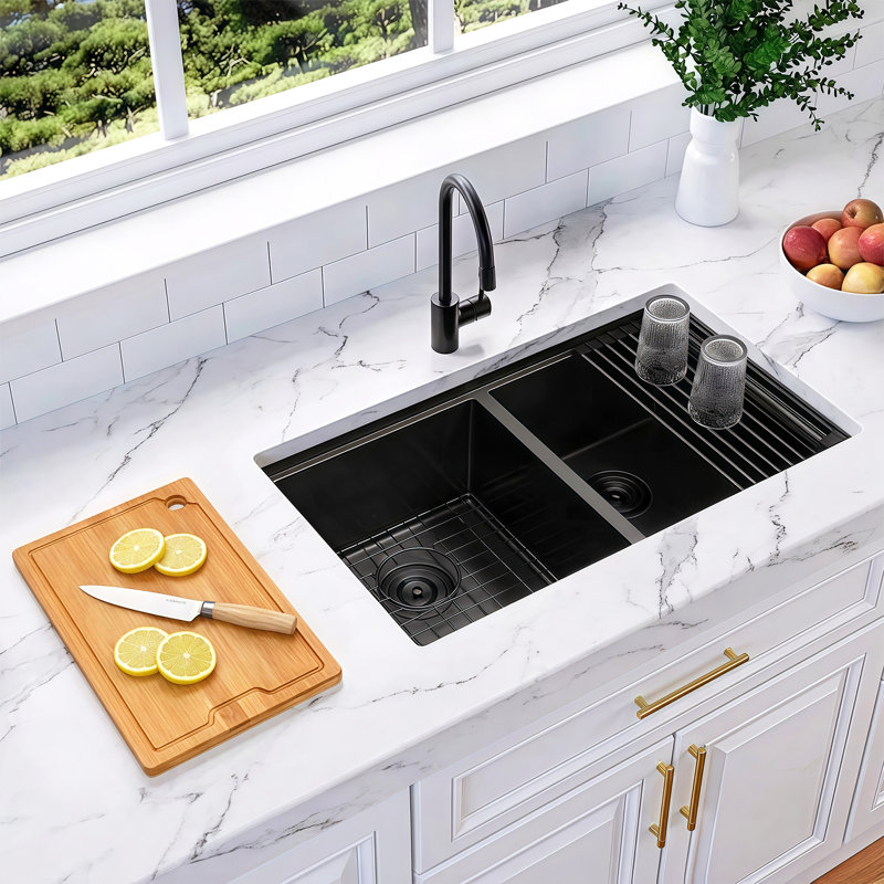 LQS 32" L x 19" W 16 Gauge Stainless Steel Undermount Double Bowl Workstation Kitchen Sink with Accessories, Matte Black