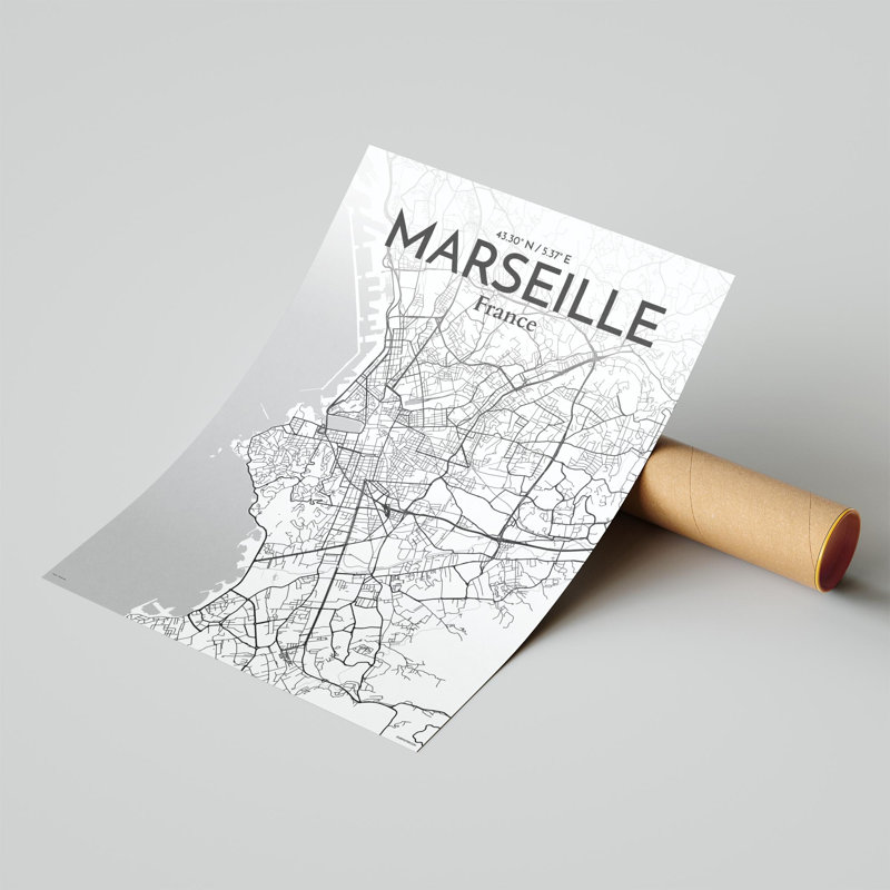 «Marseille City Map», impression, H 24 po x l 18 po, Gris / blanc