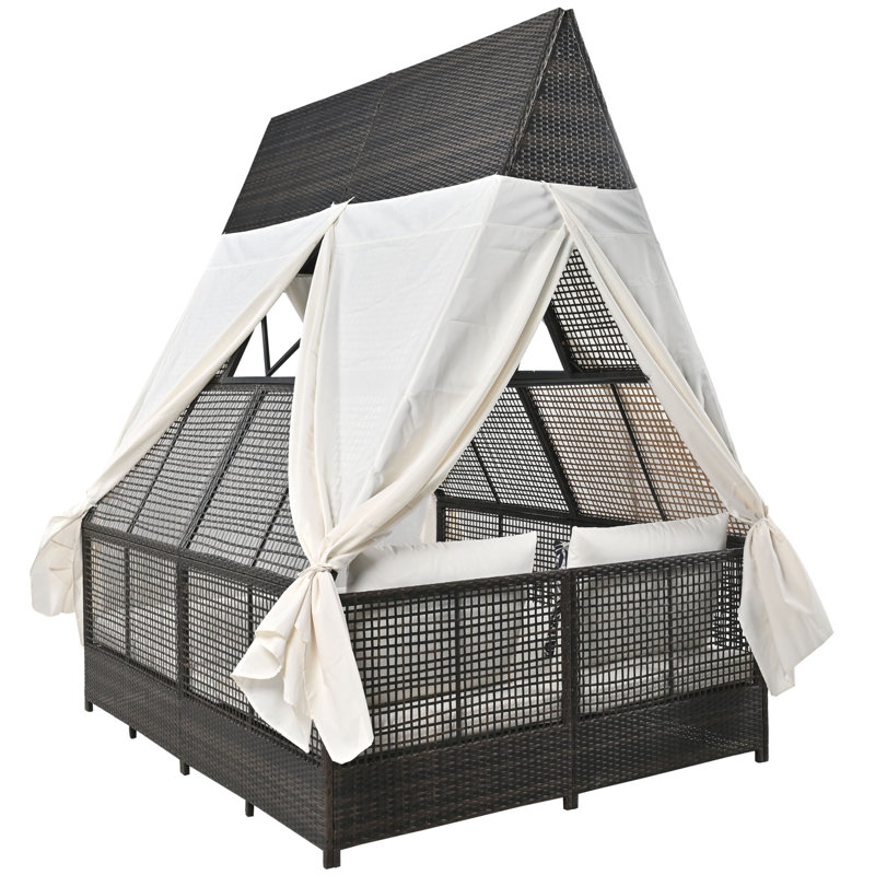 Lit de jour réglable pour l'extérieur avec rideaux d'intimité, coussins et chaise longue pour le jardin, le patio et la piscine - Crème
