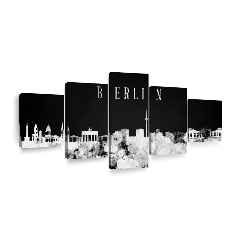 «Berlin City Berlin Skyline BW» par Artful Cityscapes - 5 pièces sur toile tendue, H 42 po x l 92 po x P 1,25 po