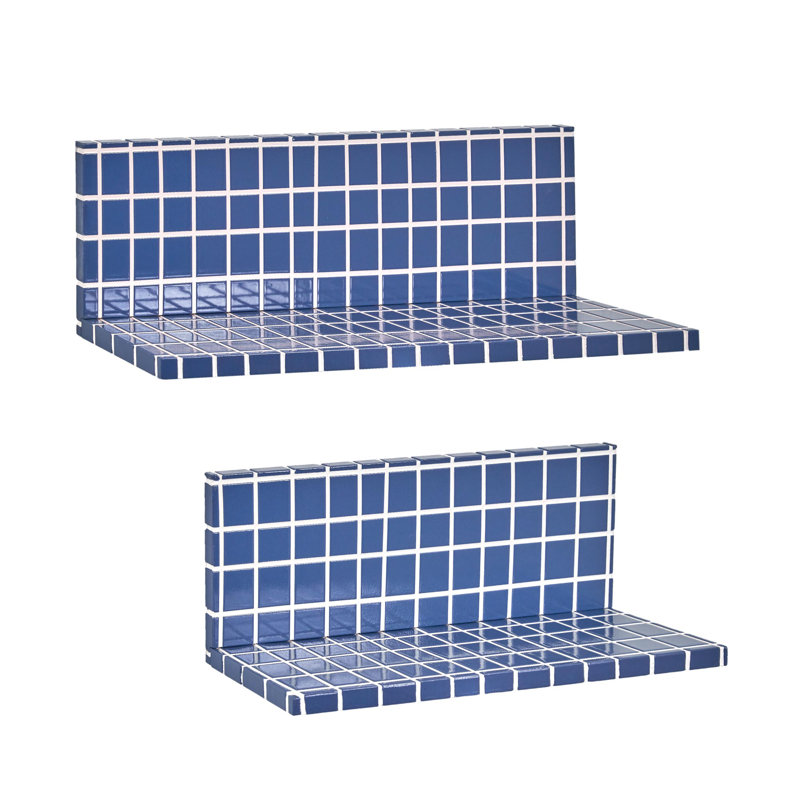 2pc Stylish Retro Wavey Tile Floating Shelves for Wall & Storage, Blue