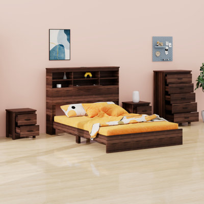 Ensemble de mobilier de chambre à coucher avec cadre de lit avec tête de lit et 2 tables de chevet et commode