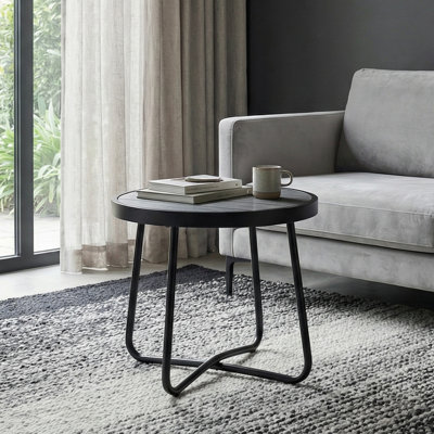 Table d'appoint ronde détachable en acier avec plateau imprimé grain de bois