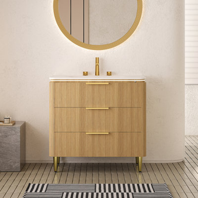 AMARA 36'' Bathroom Vanity&Sink, Freestanding Curved Edges Ultra-Slim Grille Plywood Storage Cabinet, 3 Drawers, Carrara White Sintered Stone Integrated Basin, Pre-Assembled, Light Oak Woodgrain Color