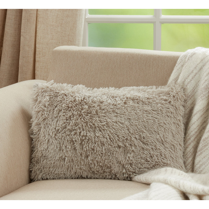 Fog Gray Rectangular Faux Fur Throw Pillow with Down Filling