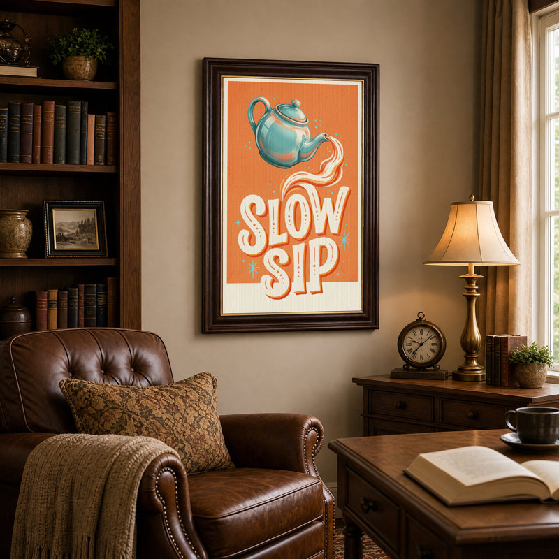 " Teal Teapot Pouring Stream Over Slow Sip Lettering " Painting Print, H 24 po x l 16 po