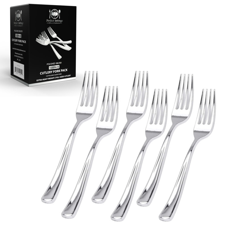 Perfect Settings Tableware 125 Pack Silver Plastic Disposable Fork Set- Polished Chrome Plastic Silverware Heavy Duty Elegant Designed Forks (Set of 125)