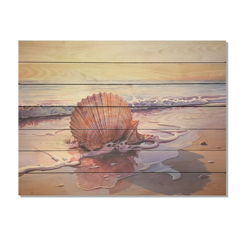Coastal Treasures Sunset Seashell III - plage sur bois, H 34 po x l 44 po