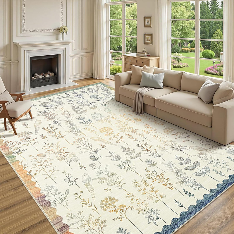 Washable Floral Rug, Non-Slip, Low-Pile, Scalloped Pattern for Kitchen, Hallway, Laundry, Bathroom, Rectangle 8' x 10'