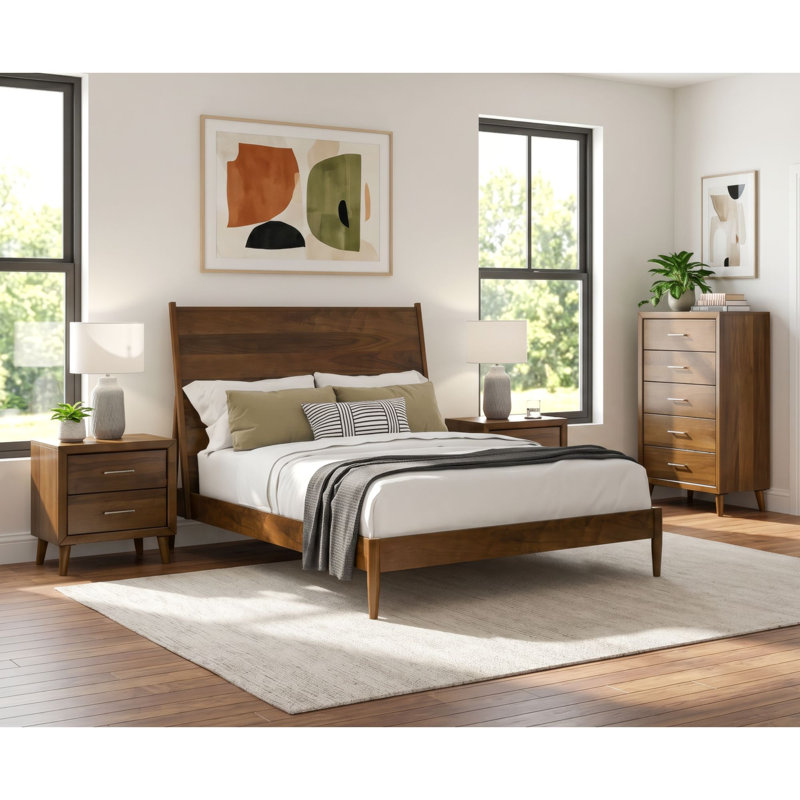 Bilski Queen 4PC Bedroom Set In Walnut, Queen, 4 Pcs: Bed, Chest, 2 Nightstands