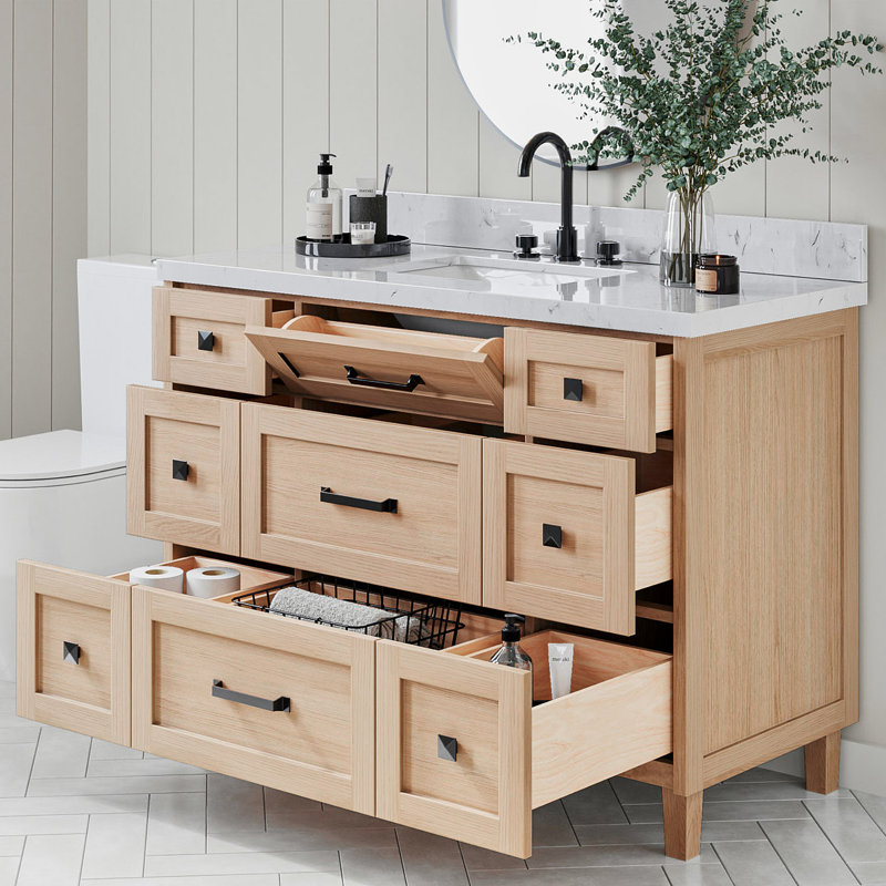 Meuble-lavabo simple avec comptoir en quartz ARIEL Monroe, Chêne, 48", Carrara White Quartz